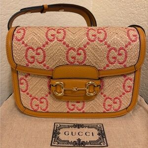 Gucci Horsebit 1955 Raffia shoulder Raffia Pink Shoulder Bag